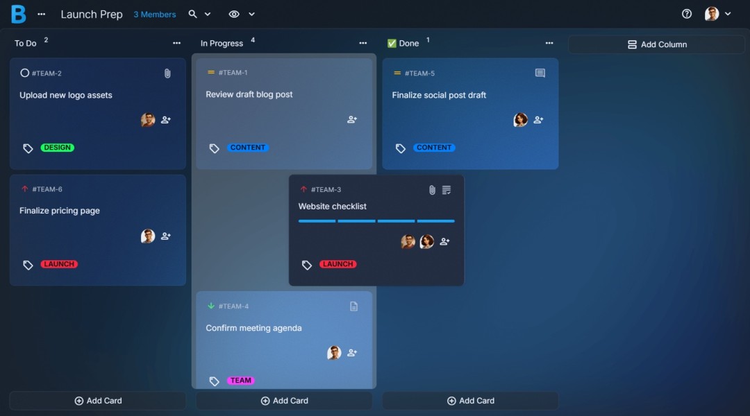 Borddo’s visual board interface for organizing tasks and projects using columns and cards.