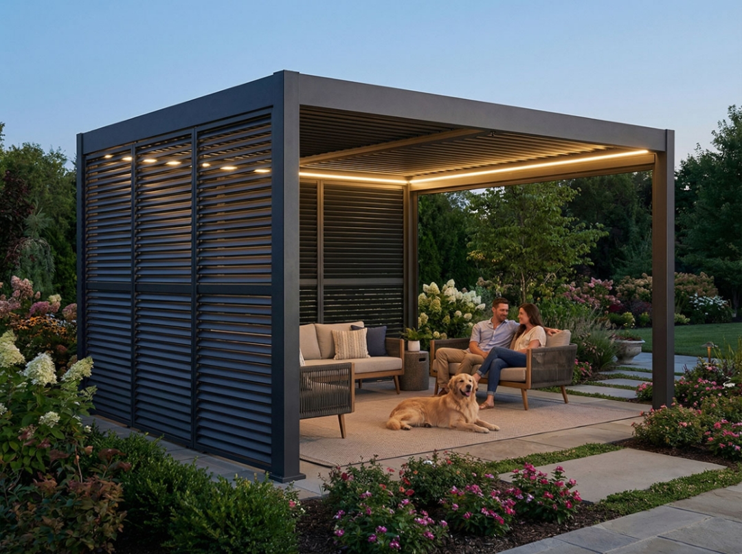 Grand Tuscan Louvered Pergola with LED Lighting, Adjustable Shutter Panels