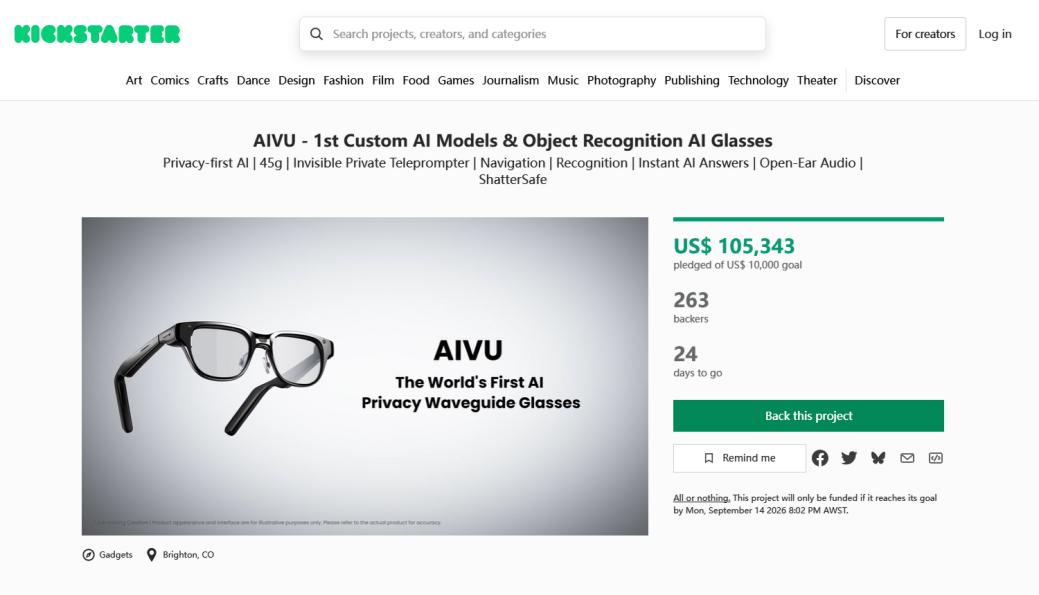 TOZO AIVU AI Glasses Surpass $100,000 on Kickstarter with Tinted Waveguide Innovation